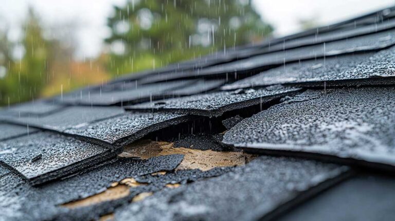 Sunlit asphalt shingles show fading and lifted edges on a residential roof.